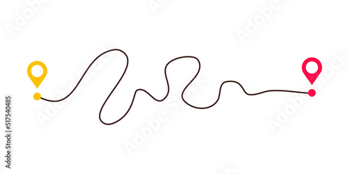 Complicated way and simple path from point A to B. Plans and real life chaos simplifying. Curved dashed line. Vector illustration