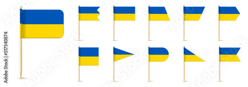 Ukraine toothpick flag isolated on wood stick with white paper. Realistic little tooth pick for lunch. Vector cocktail decoration