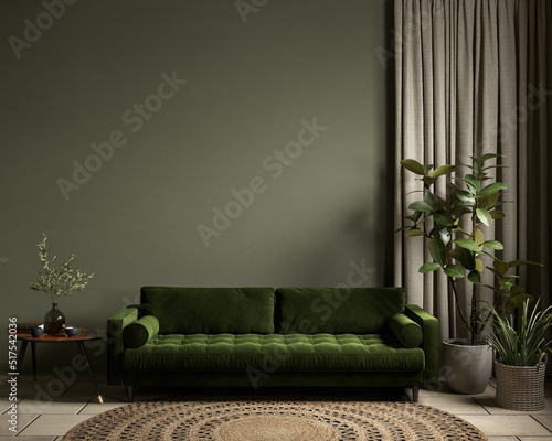 Green interior with sofa and decor. 3d render illustration mockup.