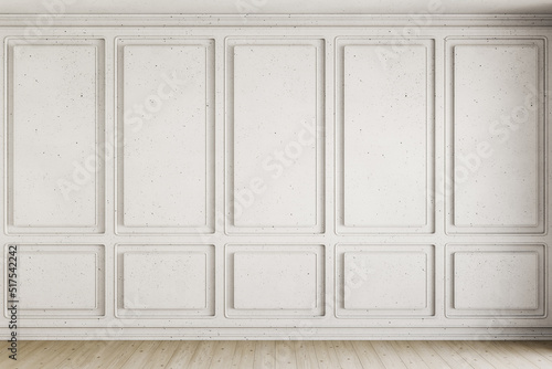White interior with architectural concrete classic wall panels. 3d render illustration mockup.