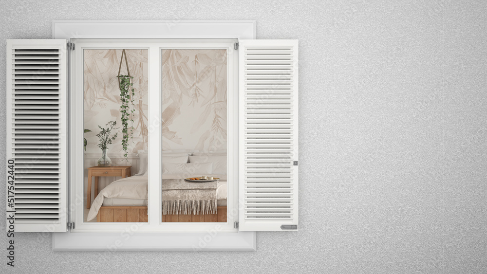 Exterior plaster wall with white window with shutters, showing bohemian bedroom in boho style, blank background with copy space, architecture design concept idea, mockup template Exterior plaster wall with white window with shutters, showing bohemian bedroom in boho style, blank background with copy space, architecture design concept idea, mockup template