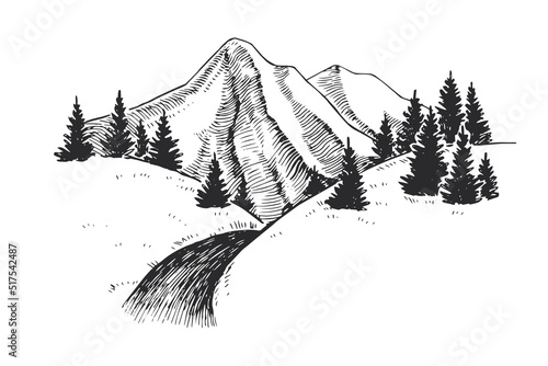 Vector landscape with a road leading to the mountains. Hand drawn illustration of rocks with firs. Sketch of scenery with hills.