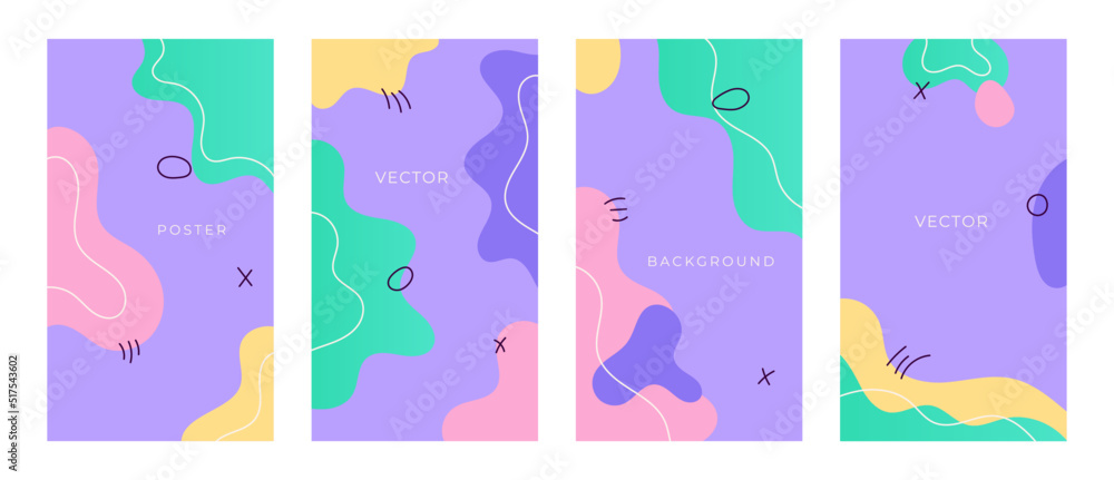 Abstract fluid poster set. Cute flyer for children Dynamic shapes on purple background for banner, cover, header, landing, social media. Vector illustration Abstract fluid poster set. Cute flyer for children Dynamic shapes on purple background for banner, cover, header, landing, social media. Vector illustration