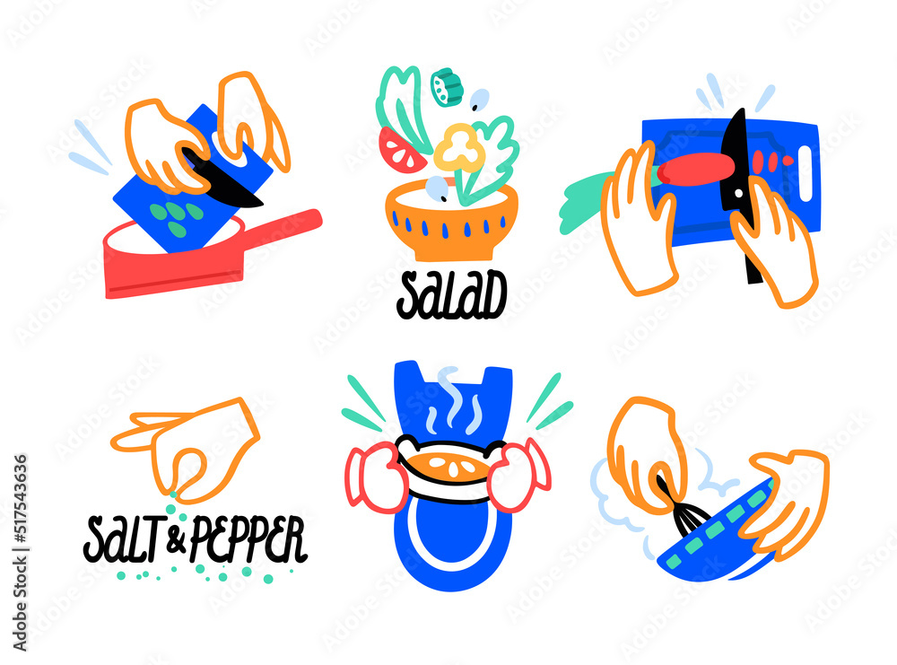 Naklejka premium Set of illustrations about cooking. Vector doodle style. Salad, frying pan, apron, pie, beating dough, salt and pepper, carrot, shred, knife.