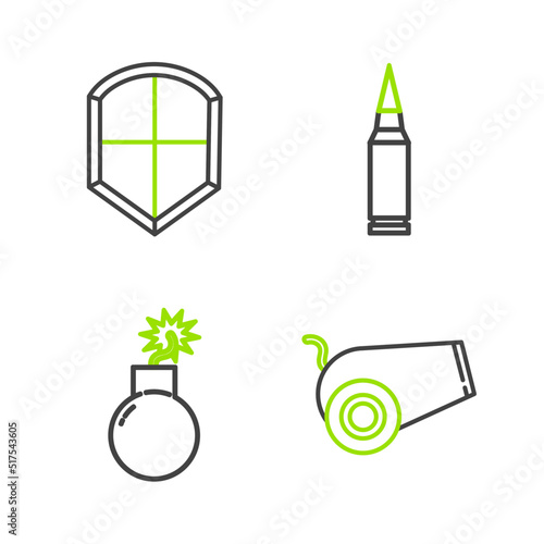 Set line Cannon, Bomb ready to explode, Bullet and Shield icon. Vector