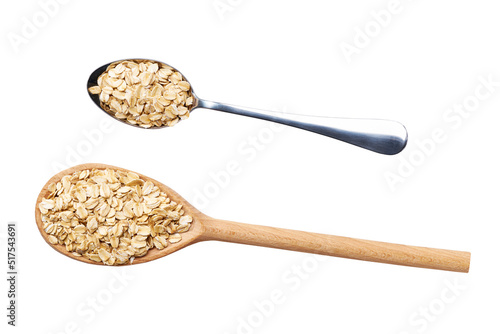 wooden and metal spoon with dry rolled oats isolated on white background top view.
