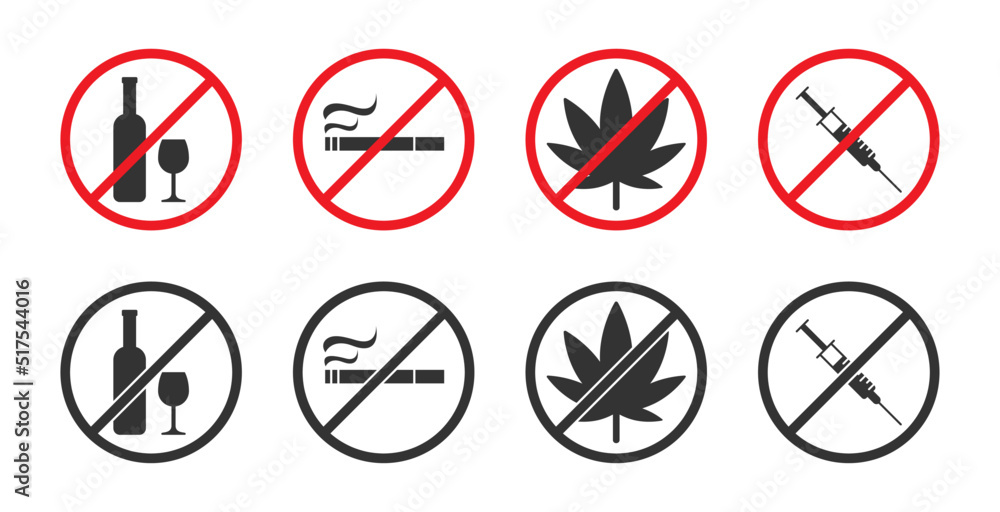 Set of prohibiting signs. No drinking sign. Alcohol forbidden symbol. Vector illustration. Set of prohibiting signs. No drinking sign. Alcohol forbidden symbol. Vector illustration.
