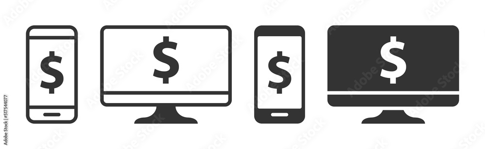 Online banking icons. Phone and computer icons with dollar symbol. Vector illustration. Online banking icons. Phone and computer icons with dollar symbol. Vector illustration.
