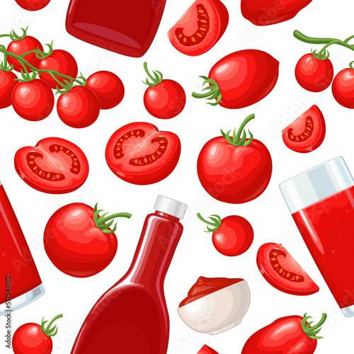 Seamless pattern fresh whole, half and slice tomato. Isolated on the white background.