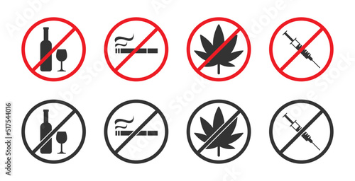 Set of prohibiting signs. No drinking sign. Alcohol forbidden symbol. Vector illustration.