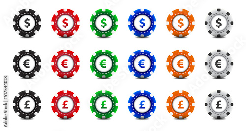 Casino chips set with money symbols. Poker chips collection. Flat vector illustration.
