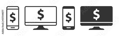 Online banking icons. Phone and computer icons with dollar symbol. Vector illustration.