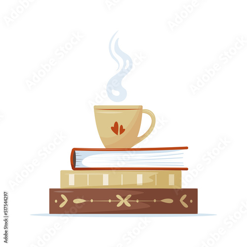 Stacks of books for reading or textbooks for education. Set of dictionaries, encyclopedias, planners. Pile of colorful books and cup of tea. Flat vector illustration isolated on white background
