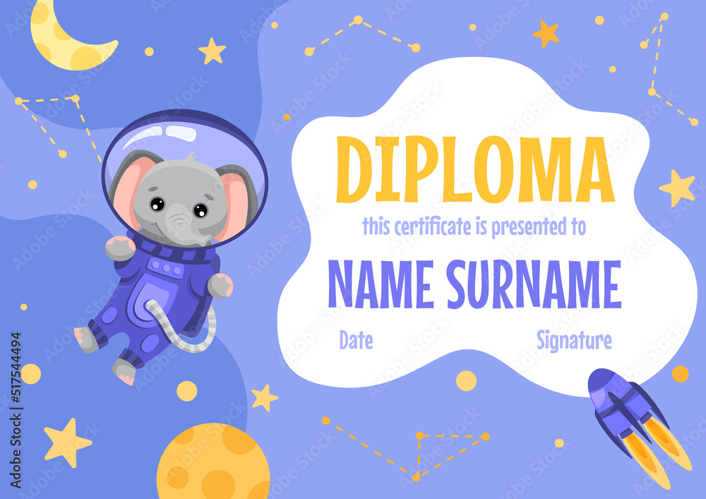 Colorful school and preschool diploma certificate for kids and children in kindergarten or primary grades with cute animals. Vector cartoon illustration