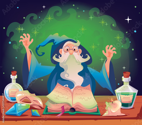 Old magician witch man character spelling magic design element concept illustration
