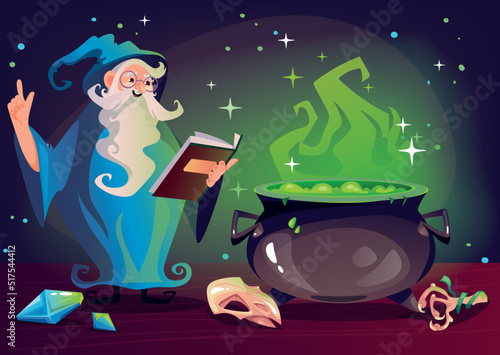 Old magician witch man character spelling magic design element concept illustration
