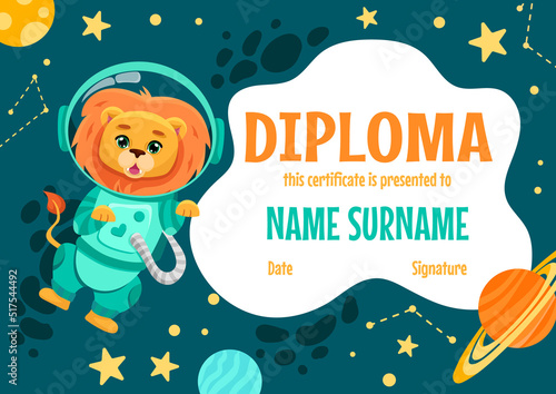 Colorful school and preschool diploma certificate for kids and children in kindergarten or primary grades with cute animals. Vector cartoon illustration