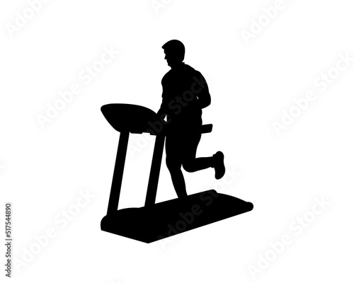 Silhouette of a man running on a treadmill, vector illustration. Isometric design.
