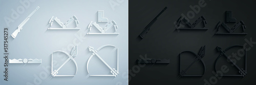 Set Bow and fire arrow, Trap hunting, quiver, and Hunting gun icon. Vector