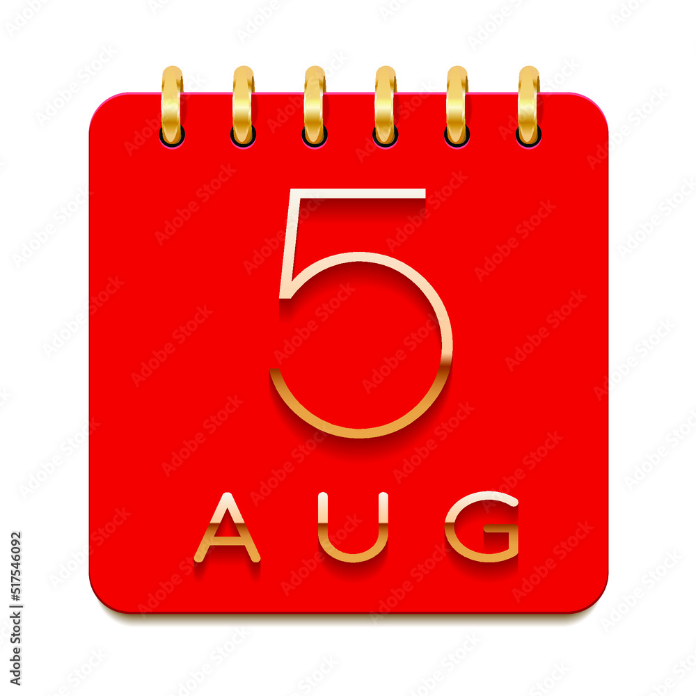 5 day of the month. August. Luxury calendar daily icon. Date day week Sunday, Monday, Tuesday, Wednesday, Thursday, Friday, Saturday. Gold text. Red paper. Vector illustration. 5 day of the month. August. Luxury calendar daily icon. Date day week Sunday, Monday, Tuesday, Wednesday, Thursday, Friday, Saturday. Gold text. Red paper. Vector illustration.