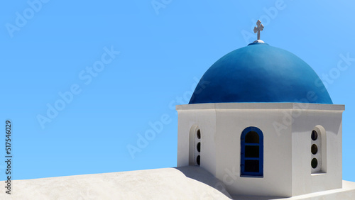 Closeup of Santorini blue chapel dome on light blue sky