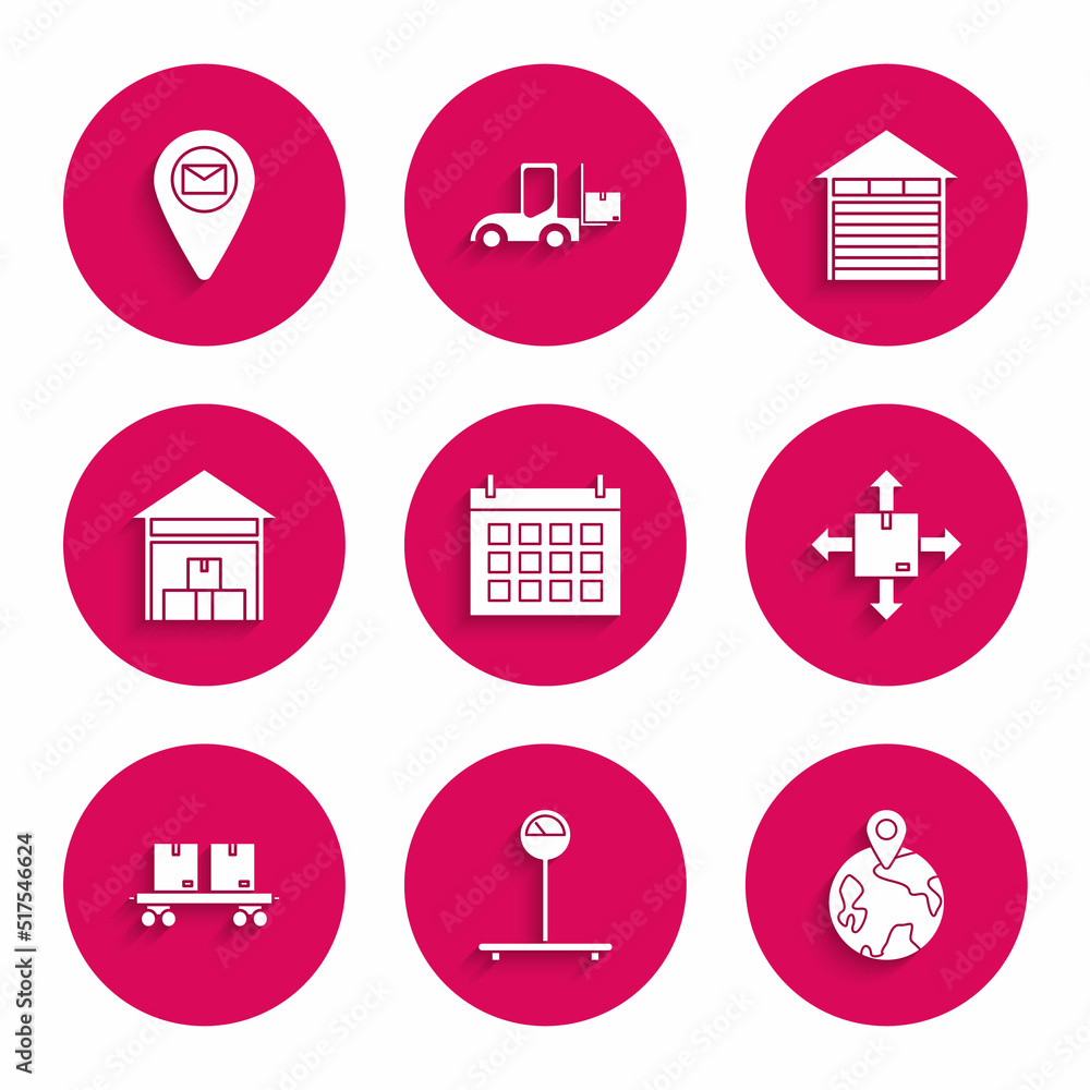 Set Calendar, Scale, Worldwide, Cardboard box with traffic symbol, Railway carriage, Warehouse, Closed warehouse and Placeholder on map paper icon. Vector Set Calendar, Scale, Worldwide, Cardboard box with traffic symbol, Railway carriage, Warehouse, Closed warehouse and Placeholder on map paper icon. Vector