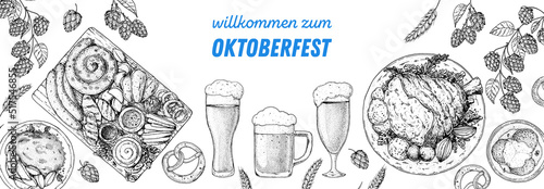 Oktoberfest menu design template. German food sketch. Hand drawn vector illustration. German cuisine. Black and white. Engraved style. Hand drawn food and drink, sketch illustration