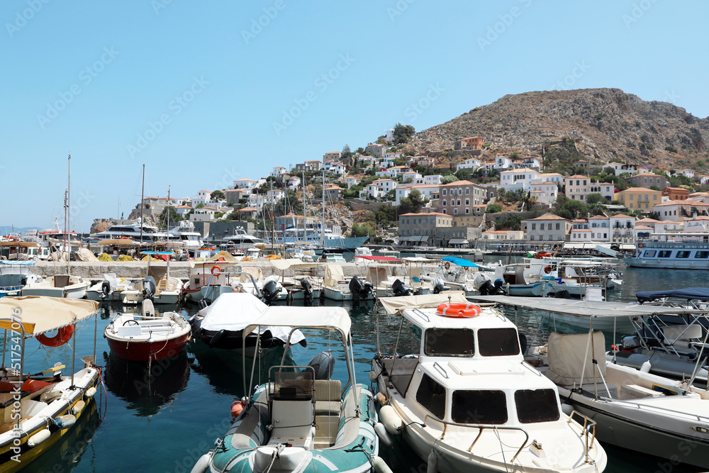Beautiful view of port with different boats on sunny day
