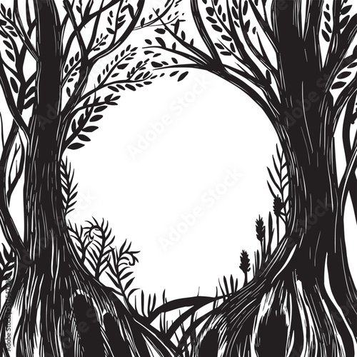 vector drawing, black and white magic forest frame. silhouette of a fabulous, magical forest. design for halloween. frame for cards, books. © Татьяна Гончарук