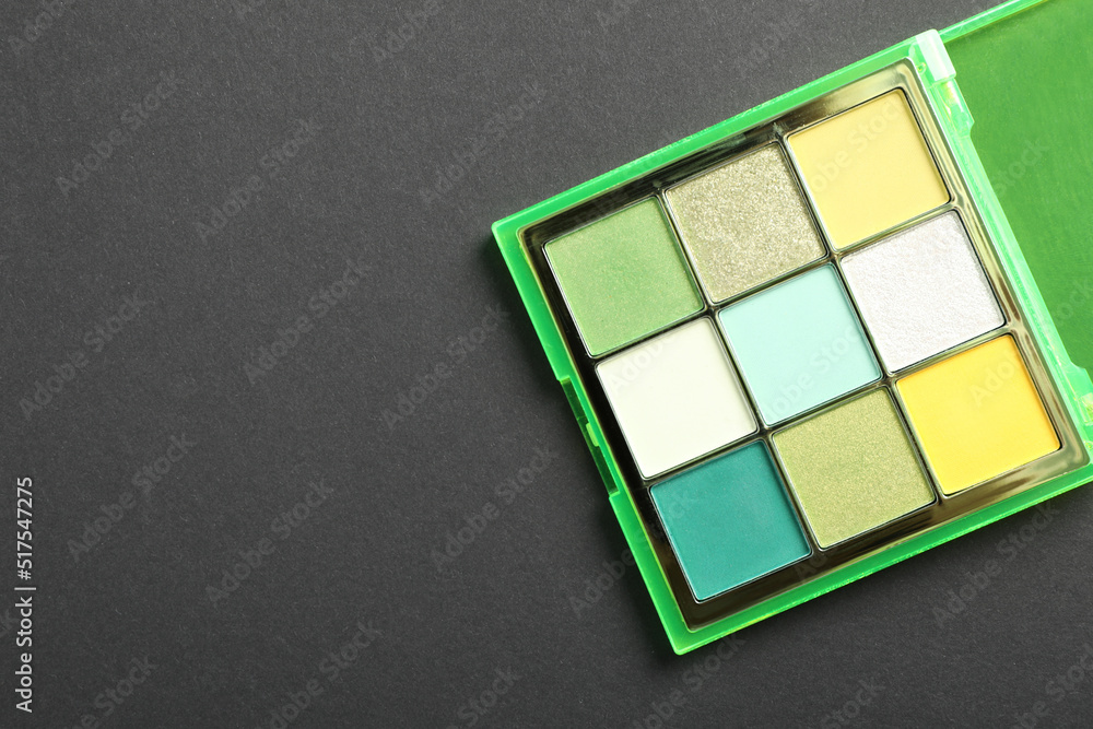 Fototapeta premium Colorful eyeshadow palette on dark background, top view. Space for text