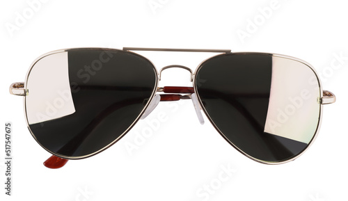 New stylish aviator sunglasses isolated on white, top view