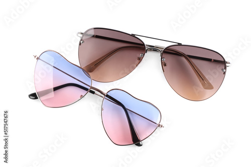 Different stylish sunglasses on white background. Sun protection