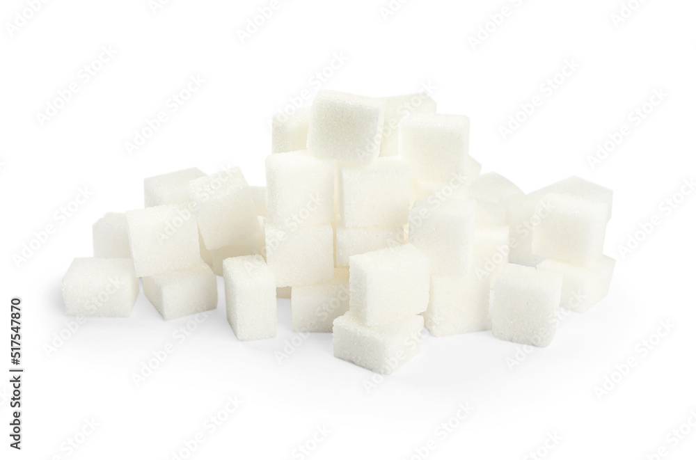 Pile of refined sugar cubes on white background Pile of refined sugar cubes on white background
