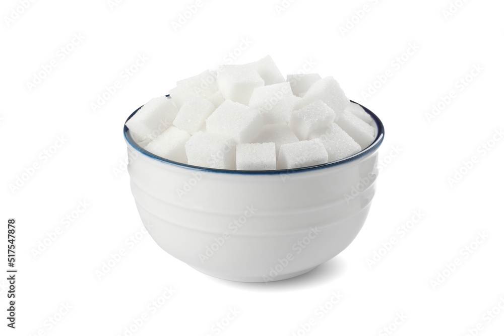 Bowl of sugar cubes isolated on white Bowl of sugar cubes isolated on white