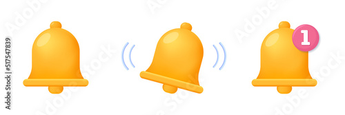 Notification bell icon set isolated on white background for social media reminder, web site, banner, poster. Cartoon yellow ringing bell with notification. Realistic reminder 3d vector illustration. 