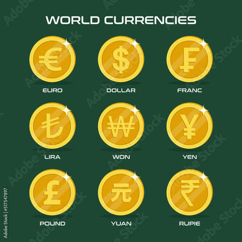Vector icons of world currencies: dollar, euro, yen, yuan, pound, Indian rupee, Turkish lira, Swiss franc, won, on a colorful background with highlight on the coin and shadow.