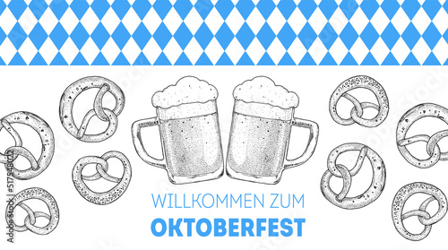 Oktoberfest beer hand drawn vector illustration. Two beer mugs and pretzels sketch. Design template. Beer glass mugs illustration.