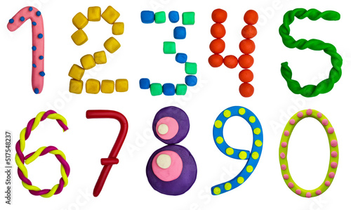3d plasticine sculpture, colored numbers. cute math numbers for kids, colorful and funny. set on white background