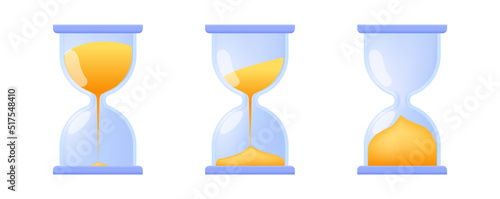 Hourglass bell icon set isolated on white background for social media reminder, web site, banner, poster. Cartoon yellow sandglass. Realistic clock 3d vector illustration.