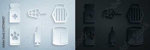 Set Syringe with pet vaccine, Pet carry case, Online veterinary clinic symbol, Canned food, Dog muzzle and medicine bottle and pills icon. Vector