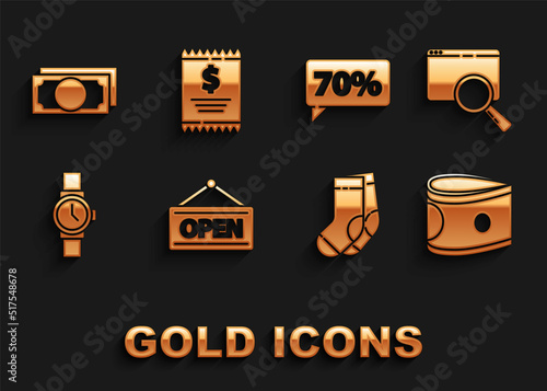 Set Hanging sign with Open, Search browser window, Stacks paper money cash, Socks, Wrist watch, Seventy discount percent tag, and Paper check and financial check icon. Vector
