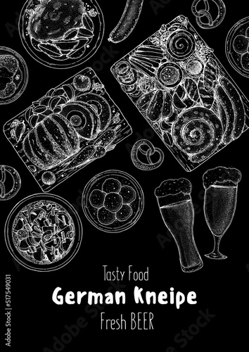 German food frame. Oktoberfest menu. German cuisine. Sketch style. Menu design template. Hand drawn vector illustration. Food and drink sketch. Black and white. Engraved style