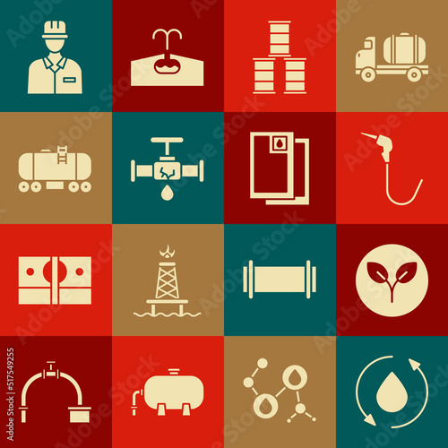 Set Oil drop, Bio fuel, Gasoline pump nozzle, Barrel oil, Broken pipe with leaking water, railway cistern, Oilman and icon. Vector
