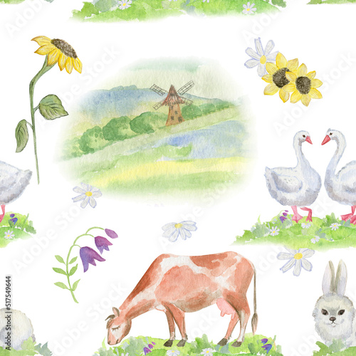 Rural landscape with  cow, geese, bunny. Watercolor illustration. Semless pattern. © Oksava