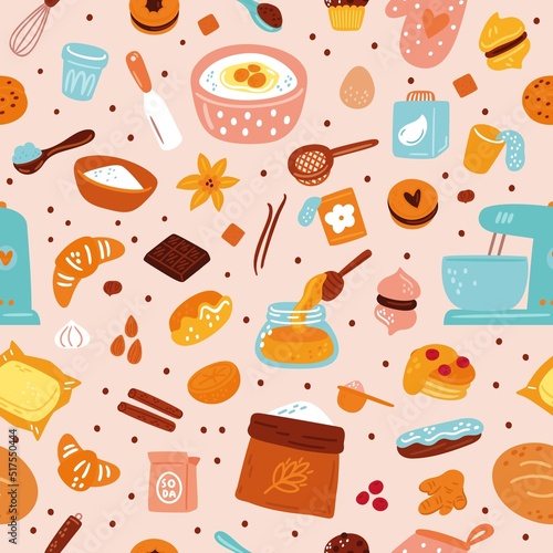Bakery seamless pattern. Sweet dessert. Pastries and cooking accessories. Repeated print with kitchen equipment and products for biscuits preparing. Cookies or cakes. Vector background