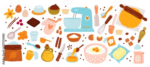 Baking ingredients. Cartoon kitchen utensils. Semi finished products. Cooking process. Eggs with sugar in bowl. Flour and soda. Cake recipe. Dough mixer. Garish vector culinary set