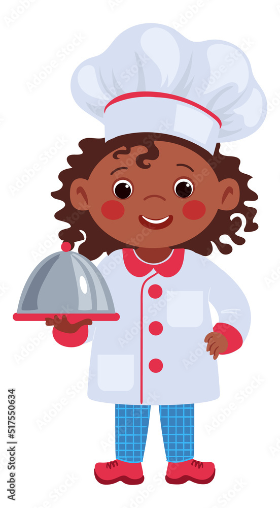 Cartoon girl with serving plate. Kid chef character