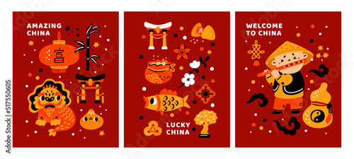 Cartoon China cards. Chinese travel banners. Culture and tradition elements. Lucky symbols. Invitational posters. Prosperity talismans. Tourism attractions. Garish vector postcards set