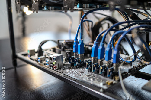 Close up of USB ports on cryptocurrency mining rig