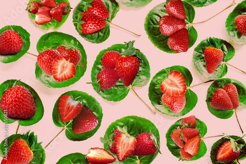 Strawberries on leaves, nature background